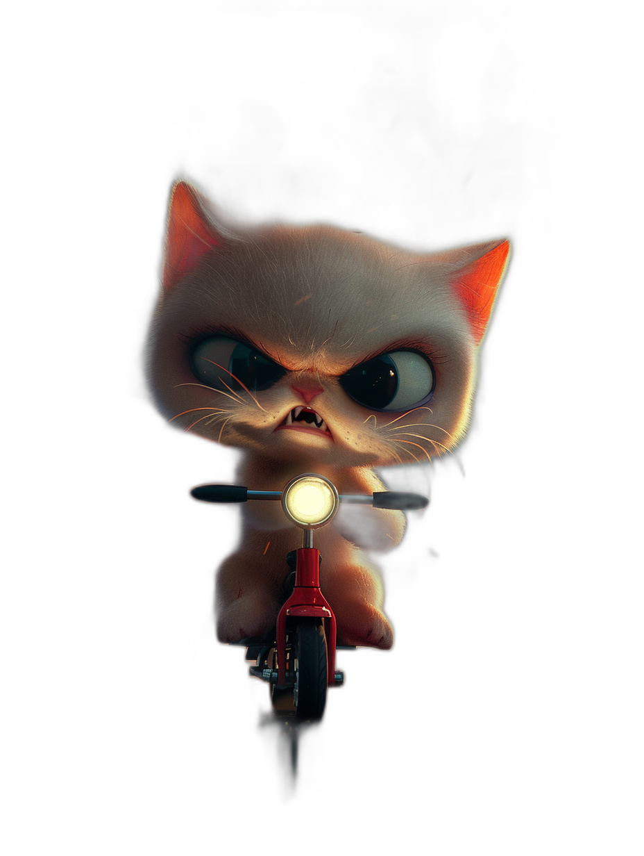 front view, in the style of Pixar cute cat riding scooter with angry face on black background, soft lighting, hyper realistic