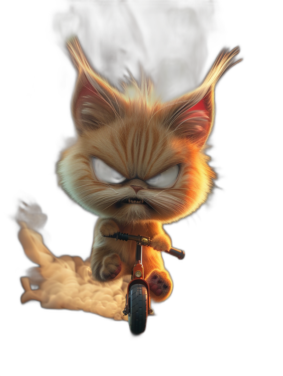 cute kitten riding scooter, angry face, smoke from the back wheel, in the style of Pixar, black background, cartoon character design, high resolution, high detail, hyper quality, high definition, hd, hq