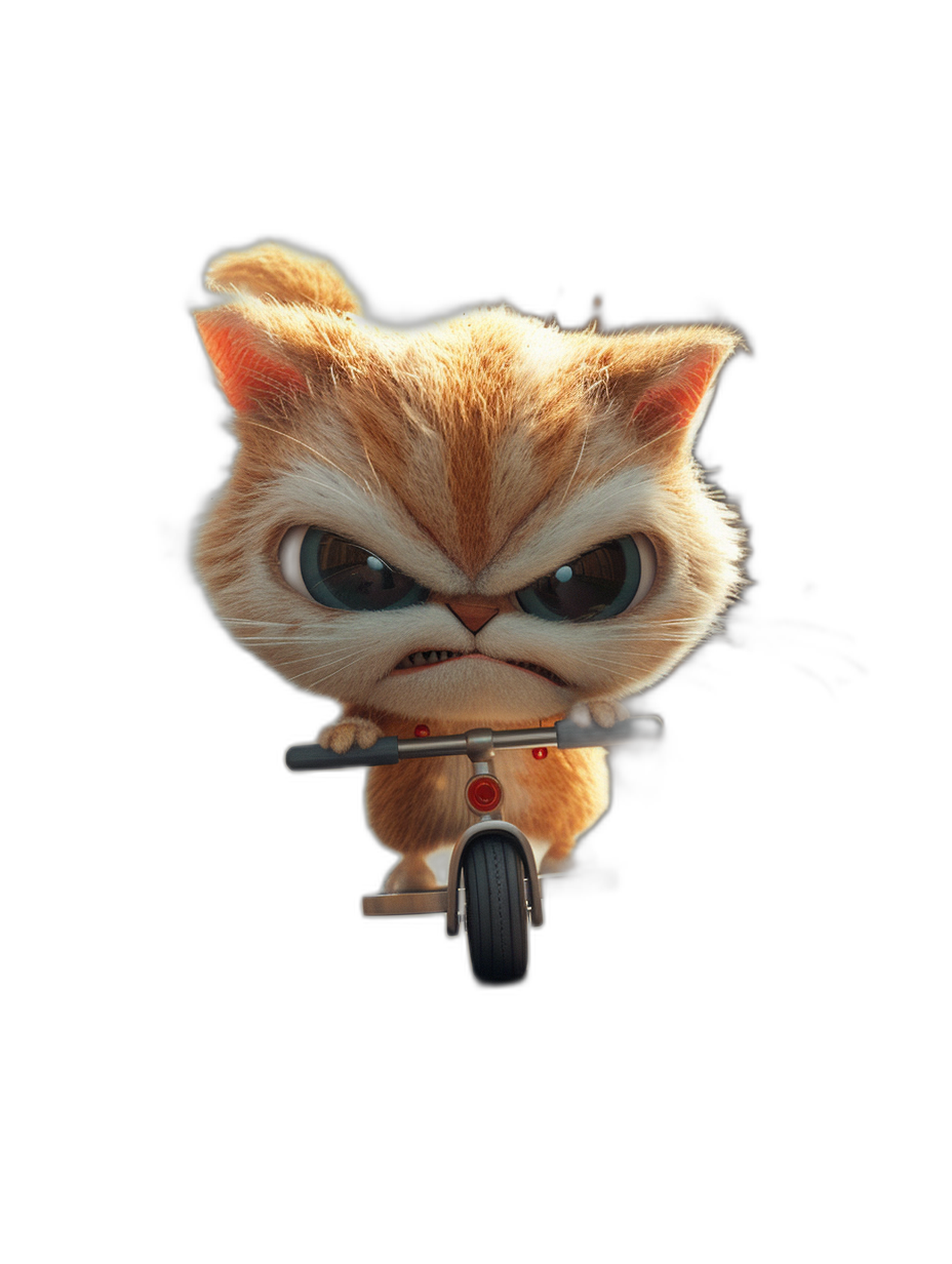 Cute grumpy cat on scooter in the style of Pixar on a black background, rendered in 3D in the style of Octane with a 50mm lens at f/2.8