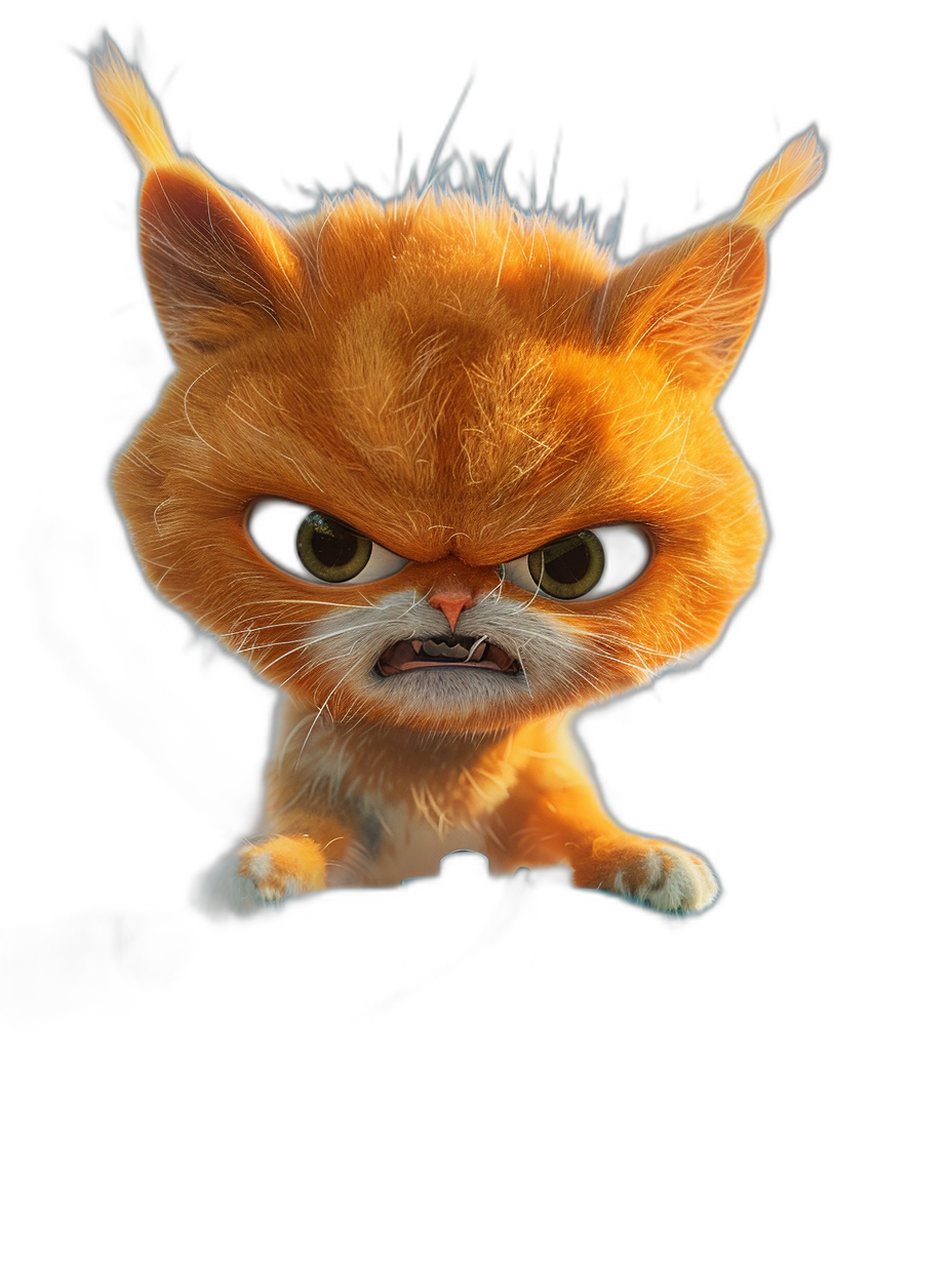 front view of Pixar style cute orange kitten character, angry and grumpy , black background,