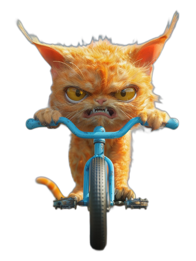 A cute orange cat with yellow eyes, riding on a blue bicycle with an angry face, in the style of Pixar, against an isolated black background.