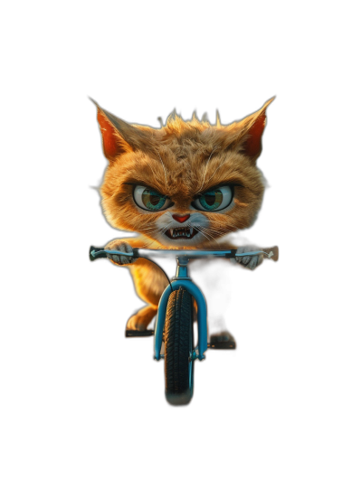 front view of a cute kitten riding a bicycle in the style of Pixar, a full body shot of an angry face with sharp teeth and blue eyes on a black background, rendered in octane