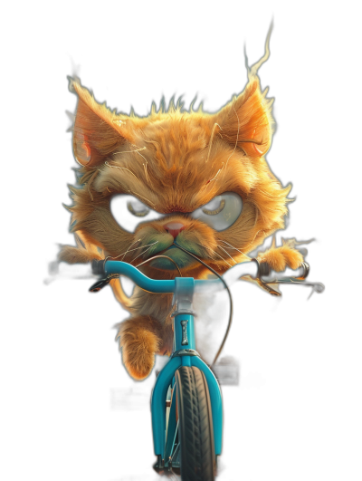 Cute cartoon cat riding a blue bicycle with an angry face against a dark background in the hyper realistic octane render style.