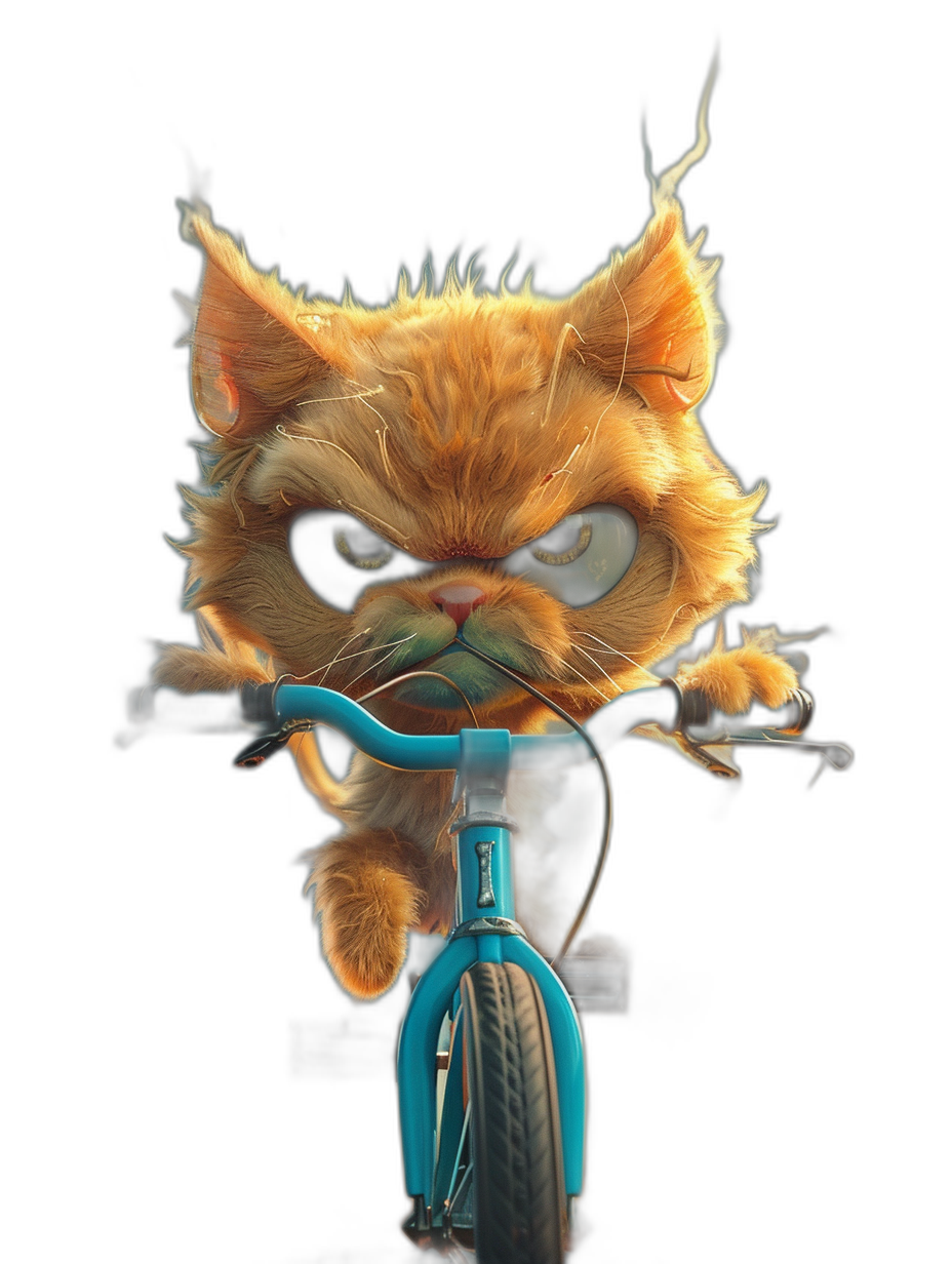 Cute cartoon cat riding a blue bicycle with an angry face against a dark background in the hyper realistic octane render style.