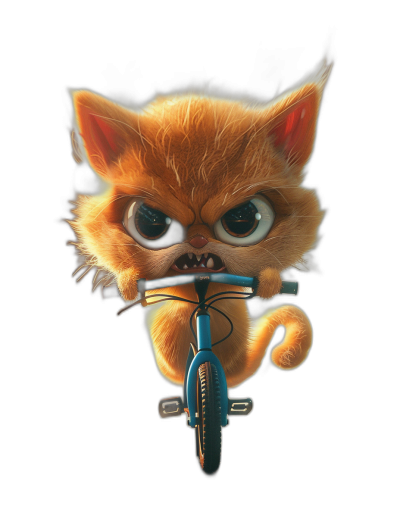 realistic cartoon illustration of an angry ginger cat riding on the front of a blue bicycle, black background, in the style of Disney character design, vibrant colors,