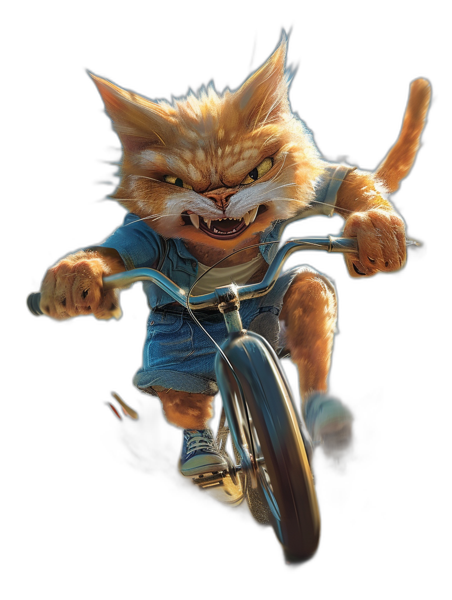 realistic orange cat in blue shorts and t-shirt riding bicycle, angry face with teeth showing, black background, in the style of Pixar