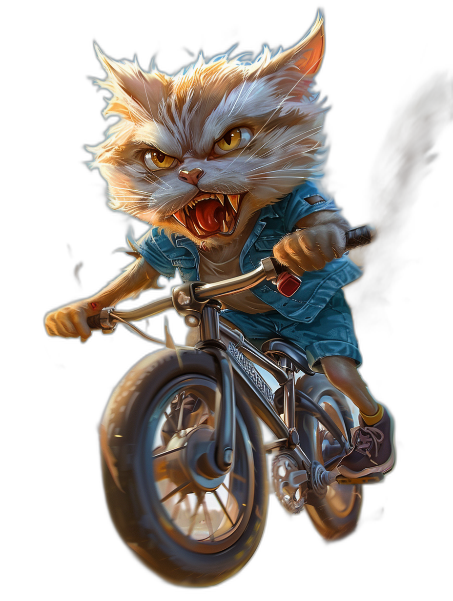 A realistic happy smiling heroic and strong cat dressed in blue overalls riding an extreme bmx bike against a black background, in the style of Thomas Ascott, fantasy art style.