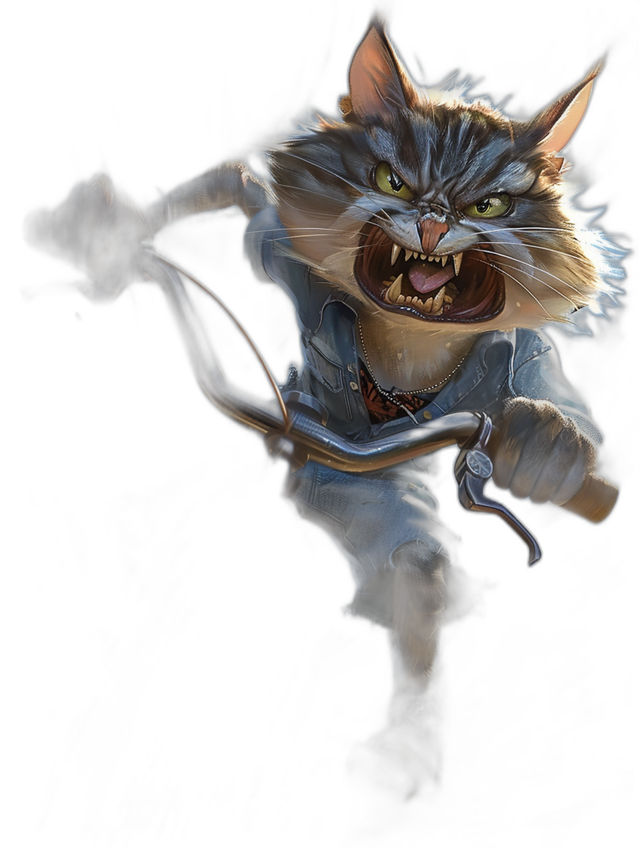 A very angry cat with fangs in the style of cartoonish character design, full body action pose on a black background, wearing blue jeans and holding a crossbow, fantasy art style in the style of [Boris Vallejo](https://goo.gl/search?artist%20Boris%20Vallejo).