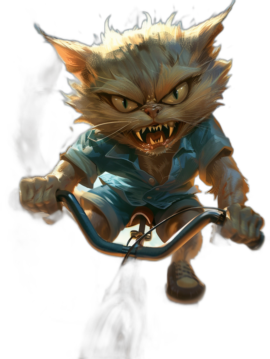 evil cat with sharp teeth wearing a blue shirt and shorts riding a bicycle, in the style of [Tiago Hoisel](https://goo.gl/search?artist%20Tiago%20Hoisel), caricature-like, playful caricatures, black background, high resolution photography