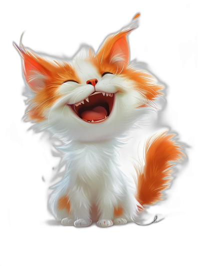 smiling fluffy orange and white cat with sharp teeth, cute cartoon character design, black background, fantasy art style, digital painting in the style of high detail