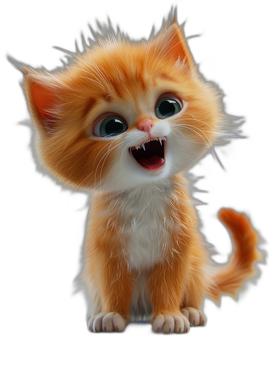 3D render of a happy cute ginger kitten on a black background, in the style of Pixar.