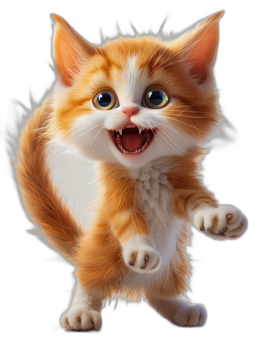 Cute orange and white kitten, smiling expression, big eyes, happy jumping pose, black background, in the style of Pixar, high definition details