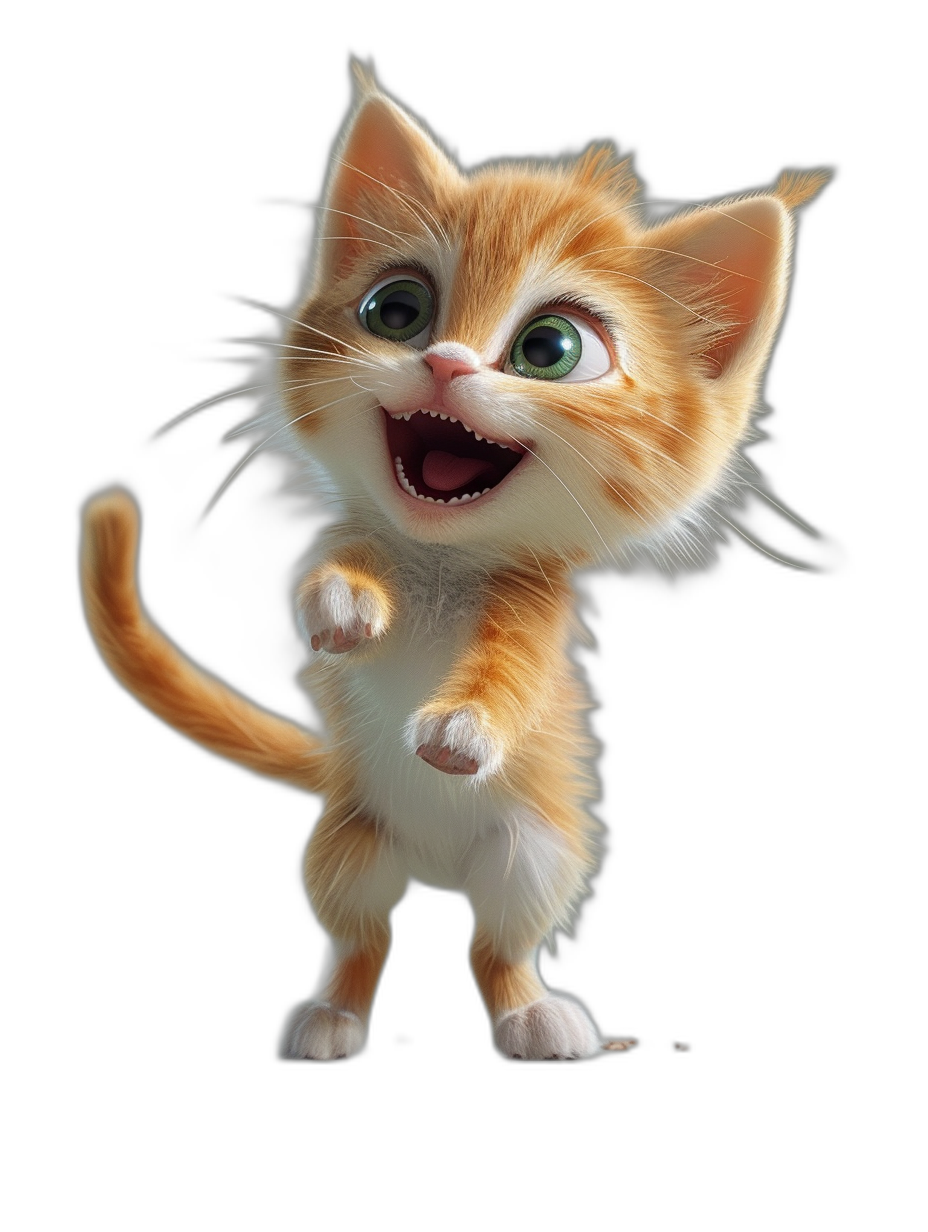 3D cartoon, happy cute kitten standing on hind legs and laughing, in the style of Pixar character, adorable eyes, lovely soft light, matte finishing, black background, in the style of Disney, zbrush render