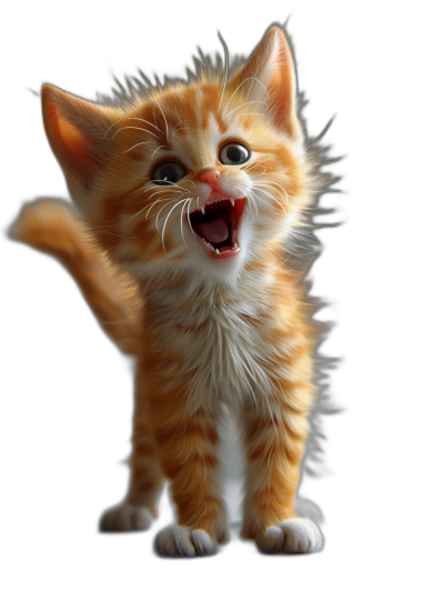 3d render of happy smiling ginger kitten howling, isolated on black background, pixar style