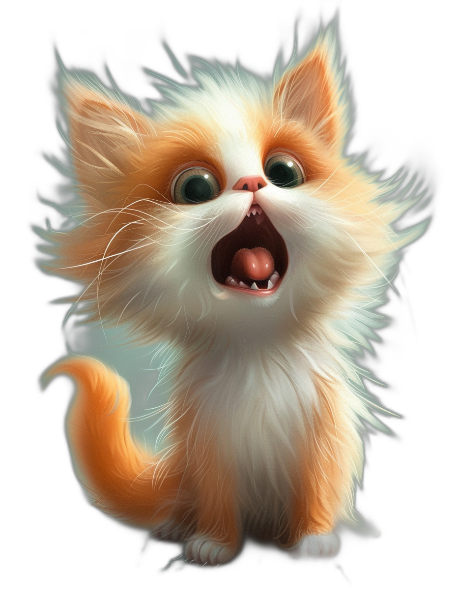 Cute, happy orange and white cat meowing with his mouth open in the style of Disney Pixar cartoon, black background, adorable, fluffy fur, soft lighting, digital art in the style of [Artgerm](https://goo.gl/search?artist%20Artgerm), [Studio Ghibli](https://goo.gl/search?artist%20Studio%20Ghibli), piper thibodeau, vibrant colors, cinematic, hyper-realistic.