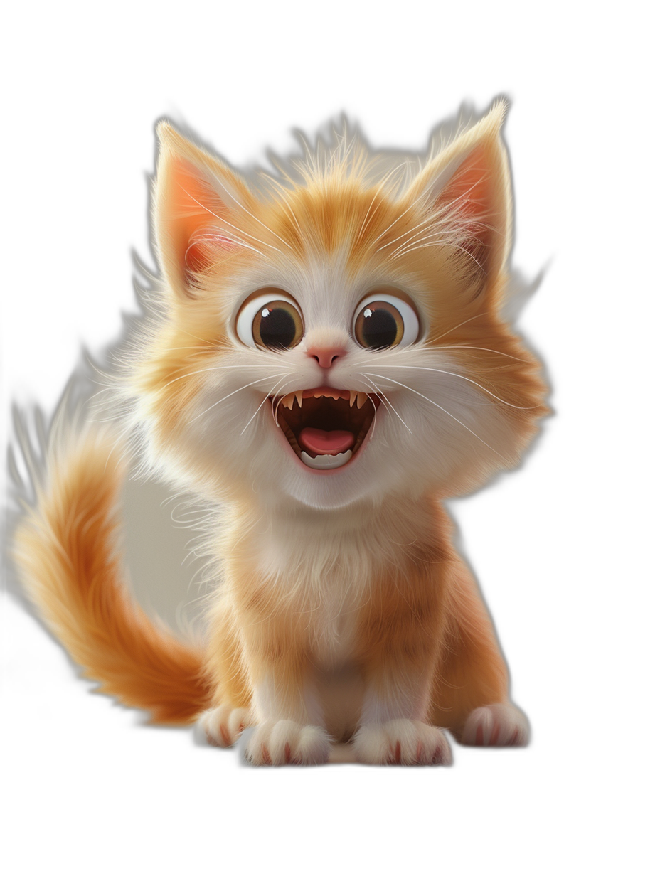 Cute smiling orange and white kitten with a big head and chubby body on a black background in the style of Pixar and Disney with big eyes, a cartoon character design, and 3D rendering. The cute little cat has a happy expression with its big mouth open showing its teeth and fluffy fur with a long tail. The kitten is wearing .