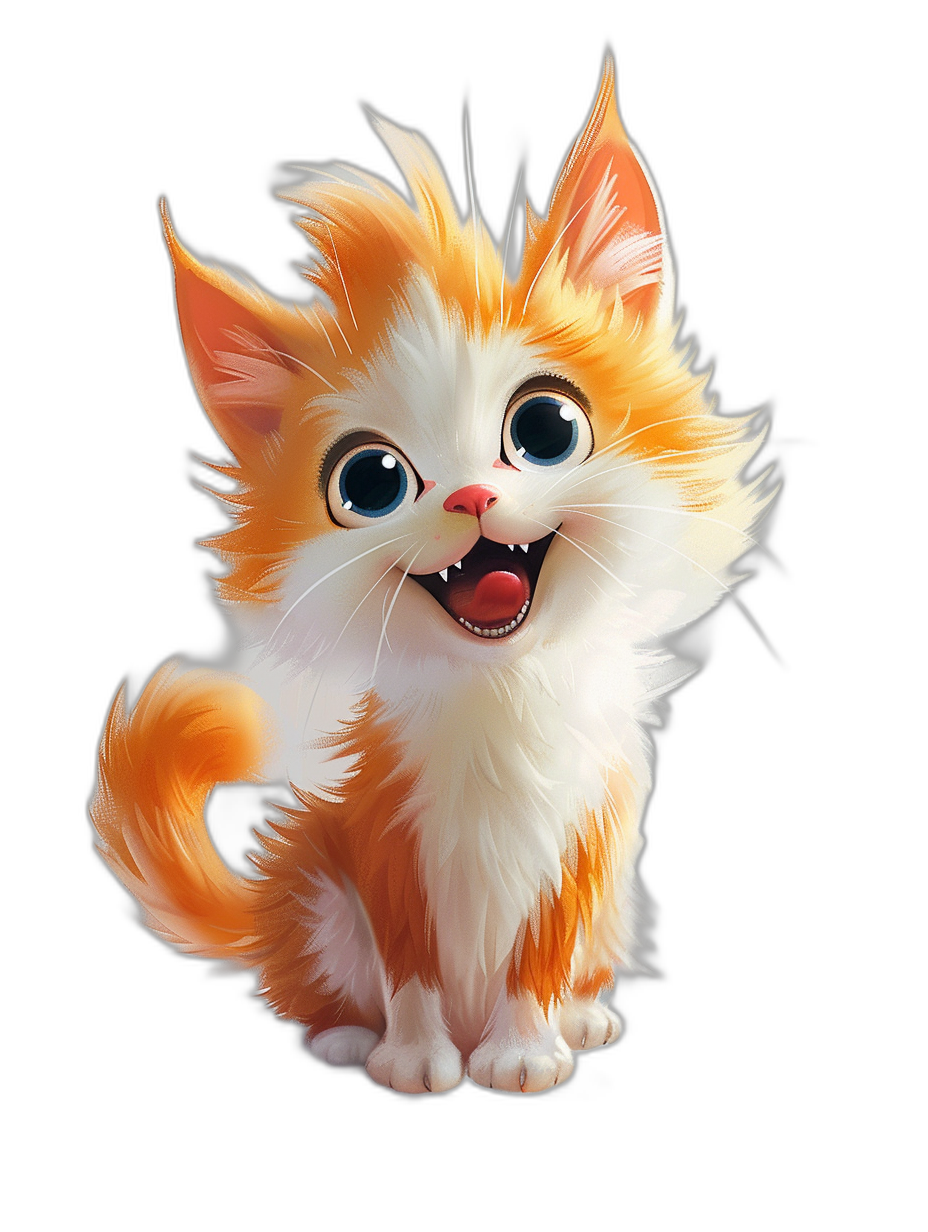 A cute happy cartoon orange and white kitten with big eyes, in the style of Pixar art, on a black background, in the style of Disney illustration, high resolution, high quality, high detail, full body portrait, digital painting, in the hyper realistic style, in the hyper detailed style, in the hyper photorealistic style, with studio lighting, octane render.