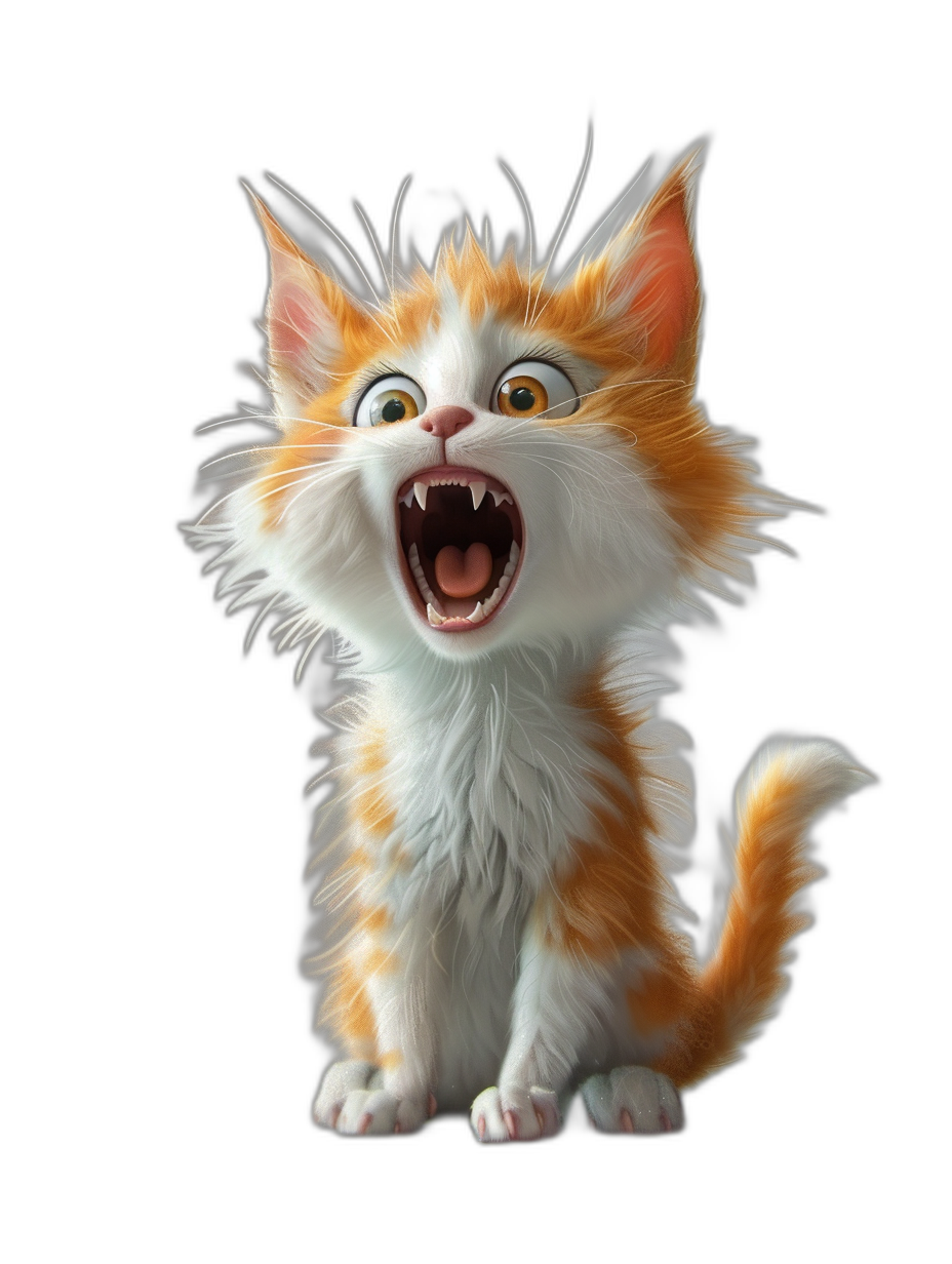 3D cartoon, happy cute kitten screaming isolated on black background in the style of Pixar.