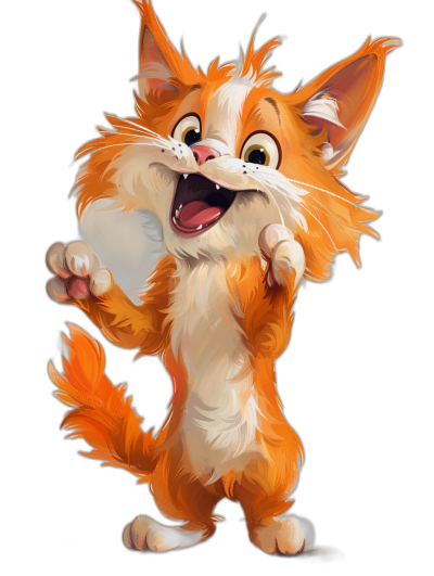 A cute orange cat is laughing and waving its hand, in the style of Disney. A full body portrait cartoon character against a black background with bright colors, simple lines and high-definition details in high resolution.