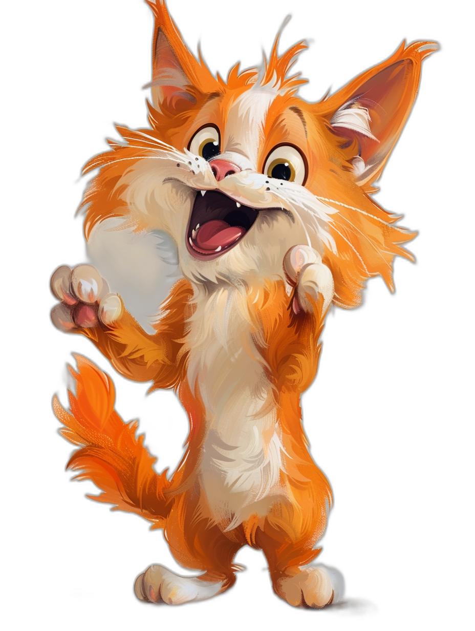 A cute orange cat is laughing and waving its hand, in the style of Disney. A full body portrait cartoon character against a black background with bright colors, simple lines and high-definition details in high resolution.