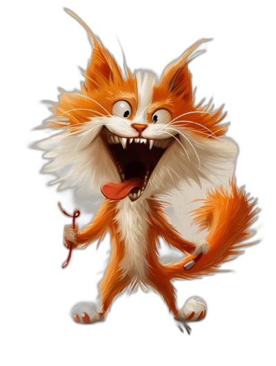 Cartoon character, an orange and white cat with long hair shaped into fur balls laughing out loud with its mouth open wide, showing sharp teeth in a funny expression. A full body view of the cat standing on two legs against a black background in the style of Pixar art.