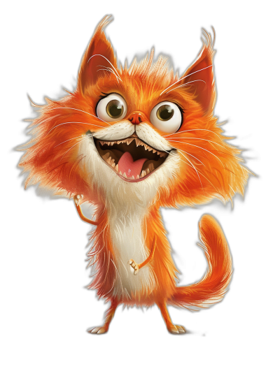 A cute orange cat, smiling and showing its teeth, with white fur on its chest, in a full body shot, concept art in the style of Pixar, cgsociety, character design, cartoon, in the style of Pixar, black background