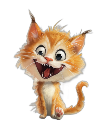 illustration of a funny happy cute kitten with sharp teeth, isolated on a black background, in the style of Pixar.