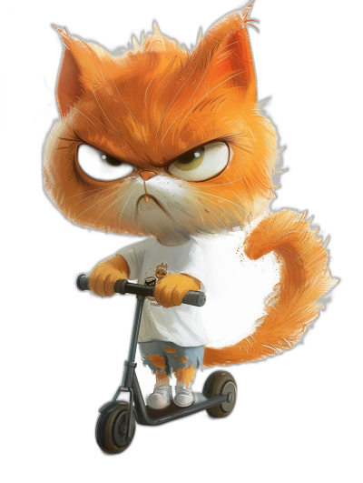 grumpy orange cat with white t-shirt and blue shorts riding scooter, angry eyes looking at the camera, full body, black background, chibi style character design, digital art in the style of Pixar Disney studio, high resolution