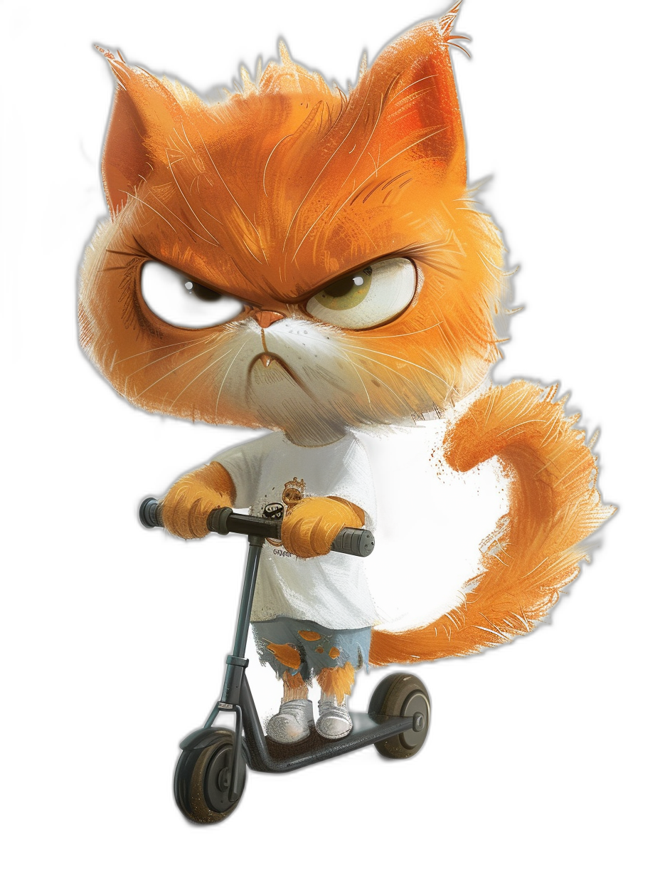 grumpy orange cat with white t-shirt and blue shorts riding scooter, angry eyes looking at the camera, full body, black background, chibi style character design, digital art in the style of Pixar Disney studio, high resolution