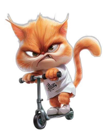 grumpy orange cat wearing a white t-shirt, riding a scooter with an angry face, in the style of Disney Pixar character design, on a black background, with high resolution, high detail, and high quality.