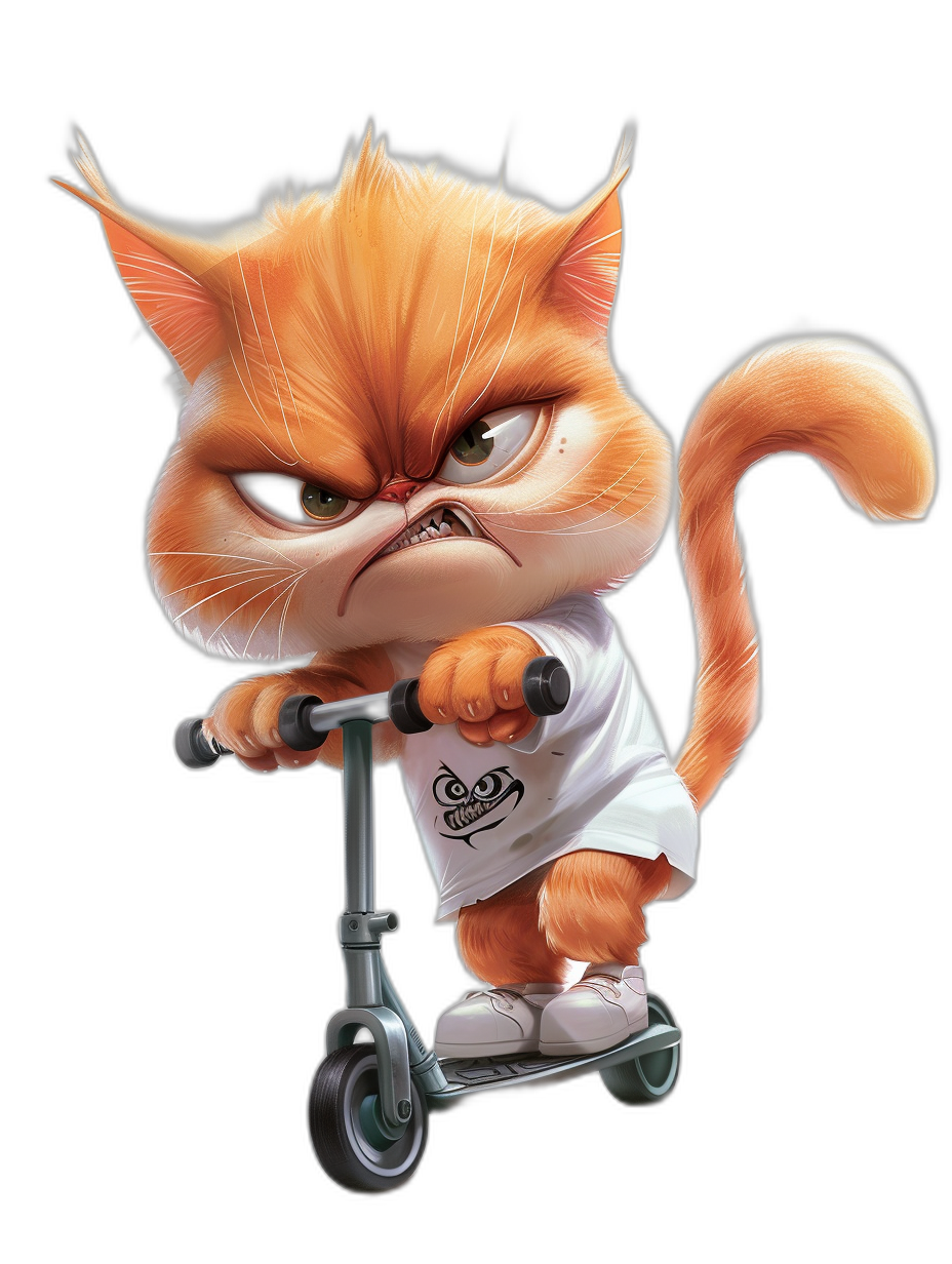 grumpy orange cat wearing a white t-shirt, riding a scooter with an angry face, in the style of Disney Pixar character design, on a black background, with high resolution, high detail, and high quality.