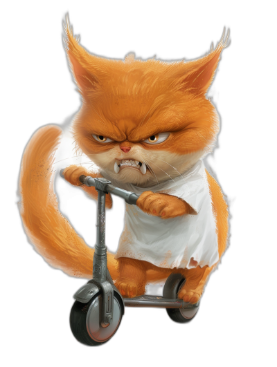 An orange cat wearing a white t-shirt, with an angry face, riding a scooter in the style of cartoon, with a black background, pixar render, high quality.