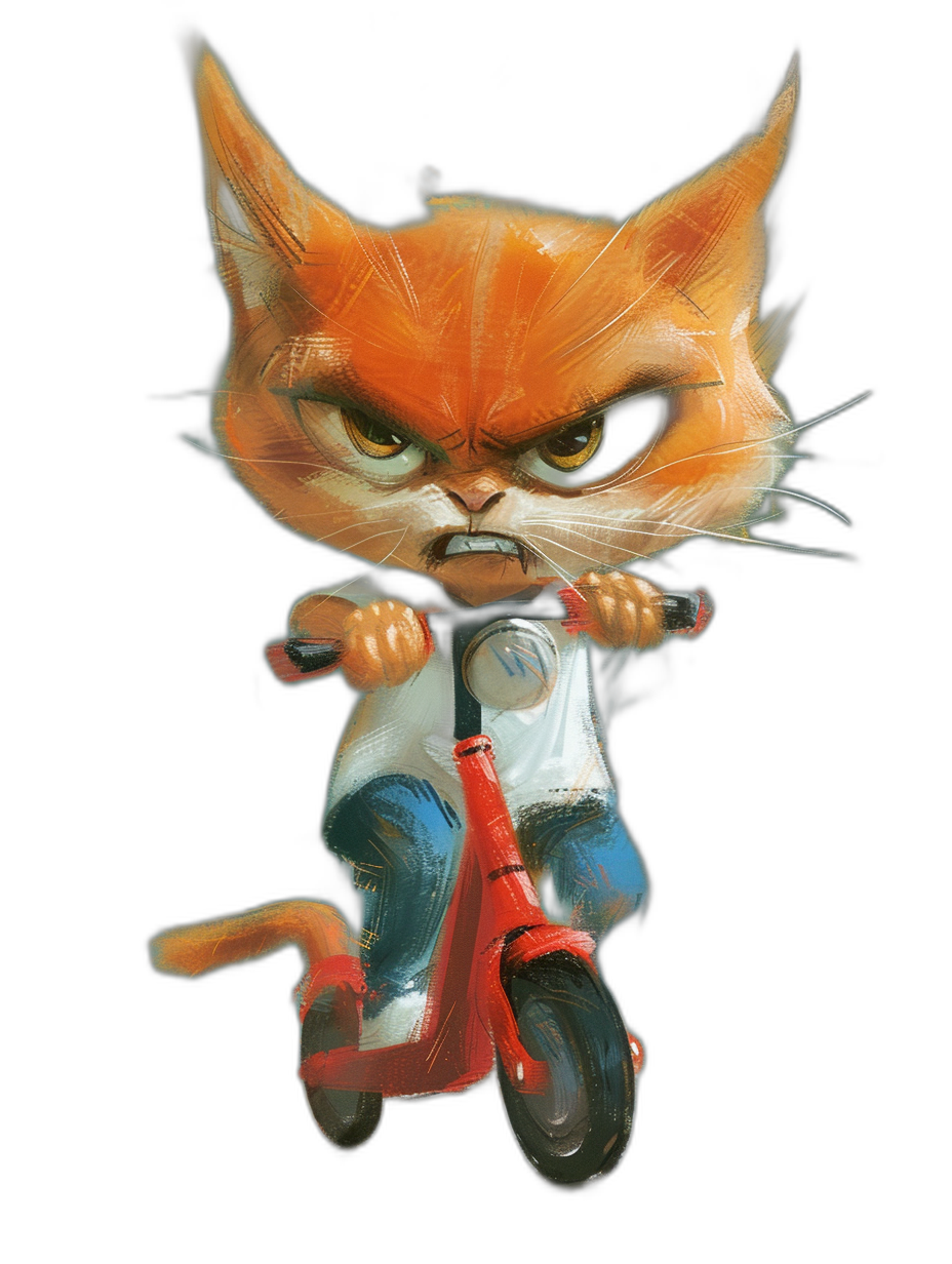 A cute orange cat with an angry expression, wearing a white t-shirt and blue jeans is riding a red scooter on a black background, in the style of [Tiago Hoisel](https://goo.gl/search?artist%20Tiago%20Hoisel), in a caricature-like, playful style and full body portrait, in a caricatural style.