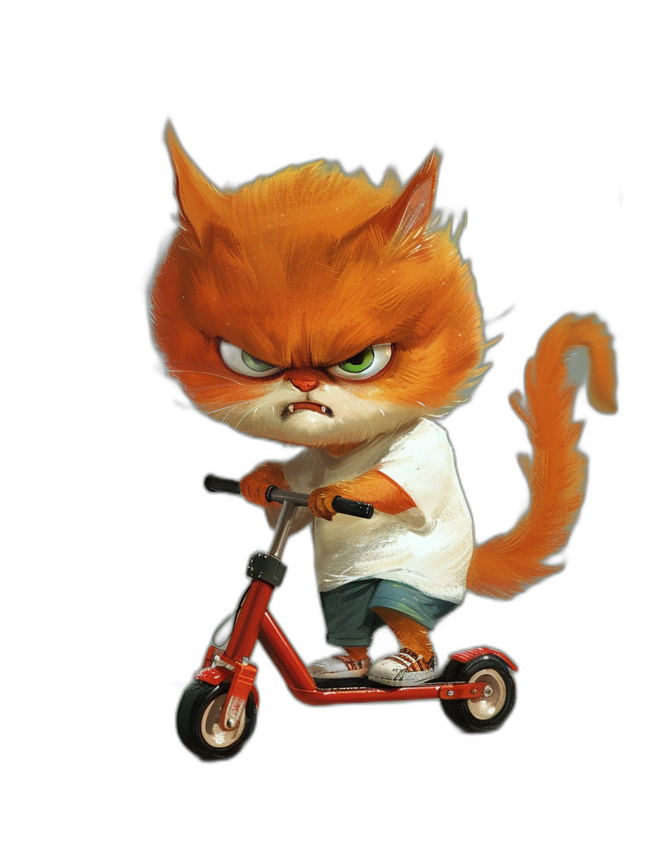 A cute orange cat with an angry expression, wearing white short sleeves and a blue shorts on its body is riding a red scooter. The background color is black. Cartoon style, in the style of Pixar, character design, character illustration. Black eyes. White hair. Red fur on its head. High definition resolution. HD. A clean black background. Studio lighting.