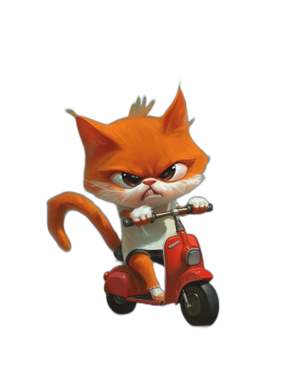 grumpy orange cat riding scooter, simple facial expressions, character concept art in the style of Pixar and Disney and [Atey Ghailan](https://goo.gl/search?artist%20Atey%20Ghailan), black background, full body