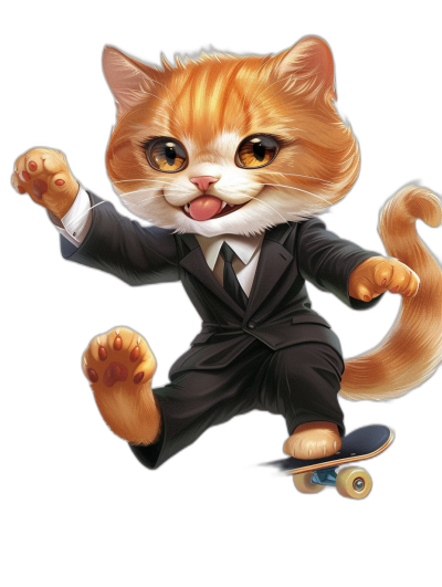 A happy cute orange cat in a black suit, white shirt and tie is riding on a skateboard, with a big head, small body and tail legs, in the style of [Tiago Hoisel](https://goo.gl/search?artist%20Tiago%20Hoisel). The art has a caricature-like, playful style with hyper-realistic illustrations using bold colors and patterns, isolated on a solid background.