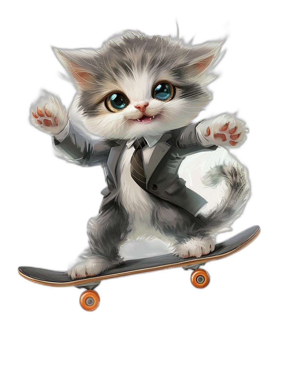 digital art of a cute kitten, wearing a grey suit and tie, skating on a skateboard against a black background, with big blue eyes.