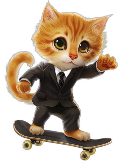 cute ginger cat in suit on skateboard, in the style of cartoon, vector design, black background, cute eyes, high resolution, highly detailed