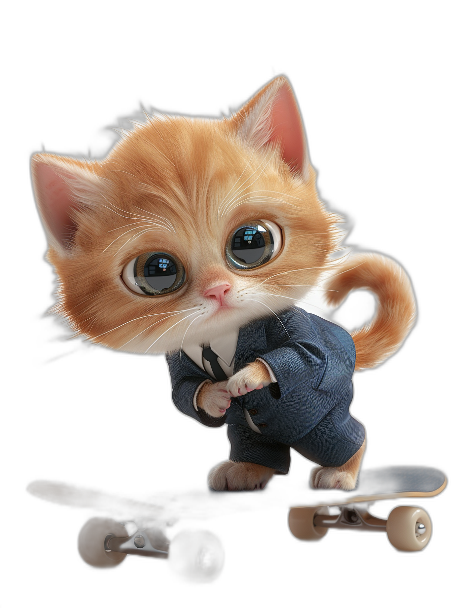 3D render of a cute baby cat in a suit, on a skateboard, with big eyes, on a black background, with studio lighting, with high resolution photography, with insanely detailed textures, in the style of a matte painting, stock photo