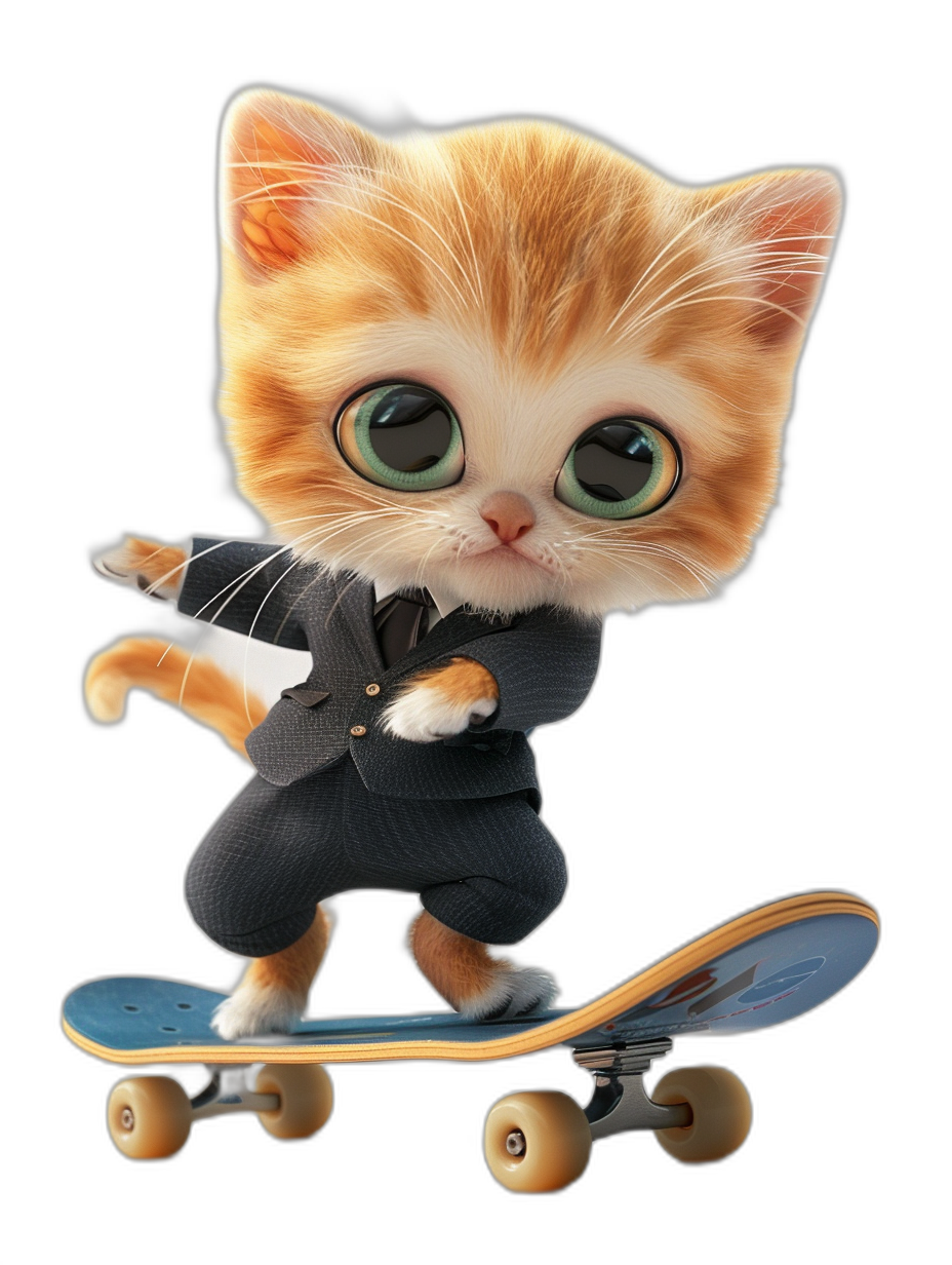 Cute cat in suit, riding on skateboard, black background, cartoon style, big eyes, cute expressions, 3D rendering, full body shot, head up view, high definition, cute and adorable.