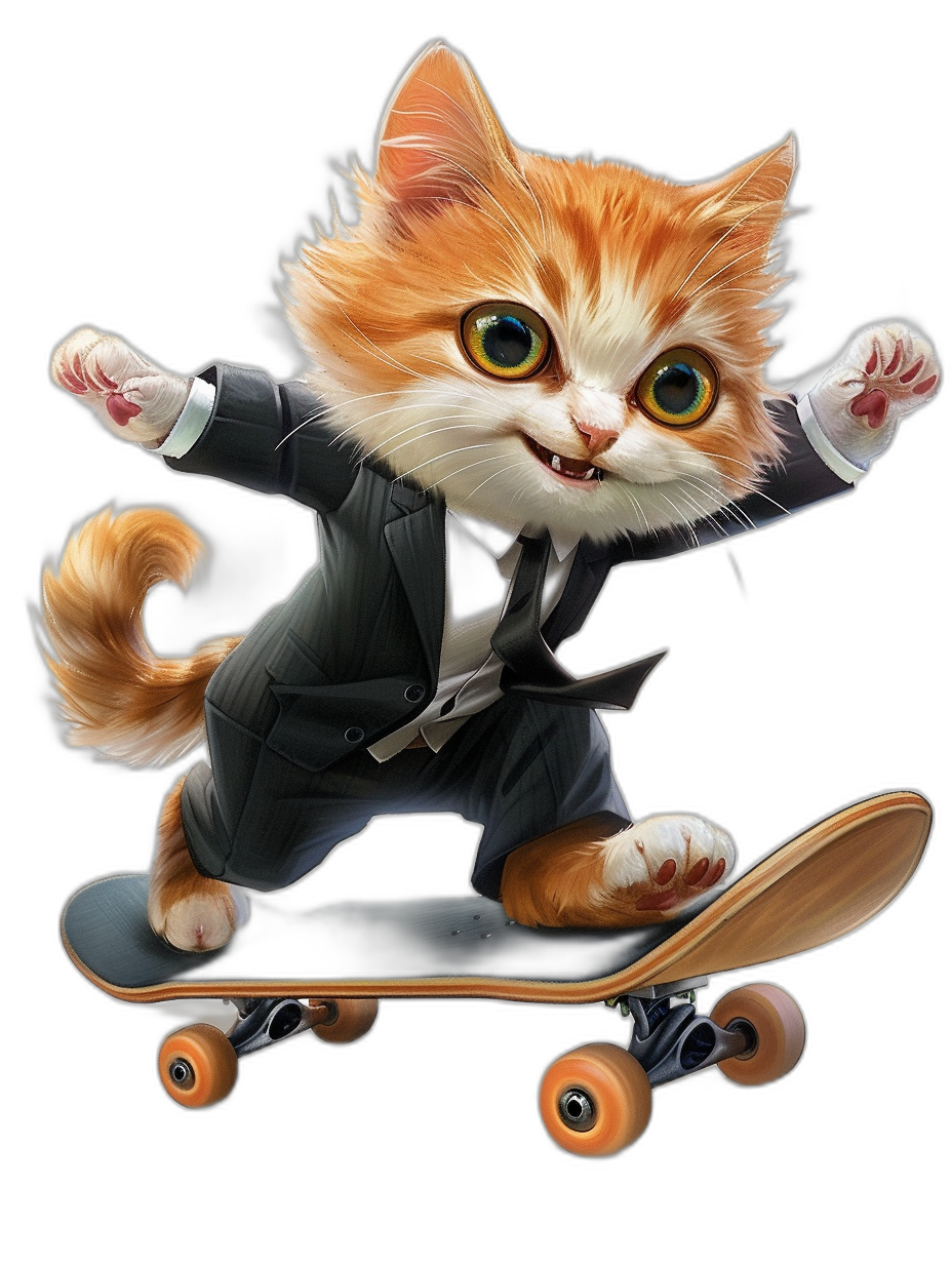 Cute cartoon cat in suit, riding on skateboard, black background, bright colors, cute expression, high definition, cute style, 3D rendering, digital art, detailed fur texture, skateboarding pose.