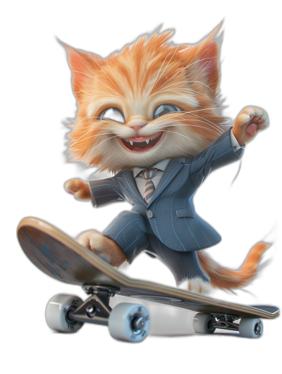 Smiling happy cat in a suit and tie riding on a skateboard, in the cartoon style, with a Disney Pixar character design, 3D rendered, on a black background, as a full body shot, with detailed fur texture.