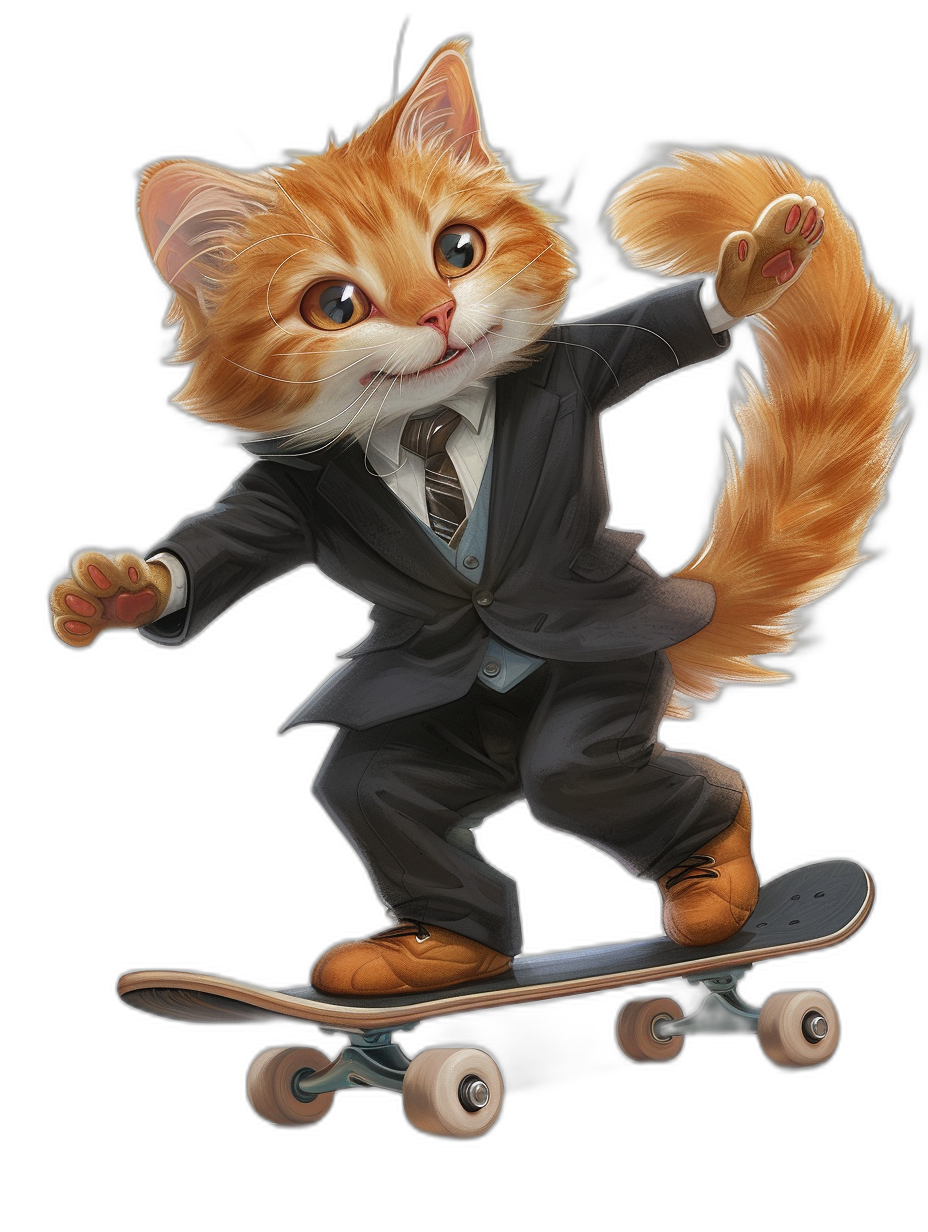 illustration of cute ginger cat in suit and tie riding on skateboard, black background, high resolution, digital art with bright colors