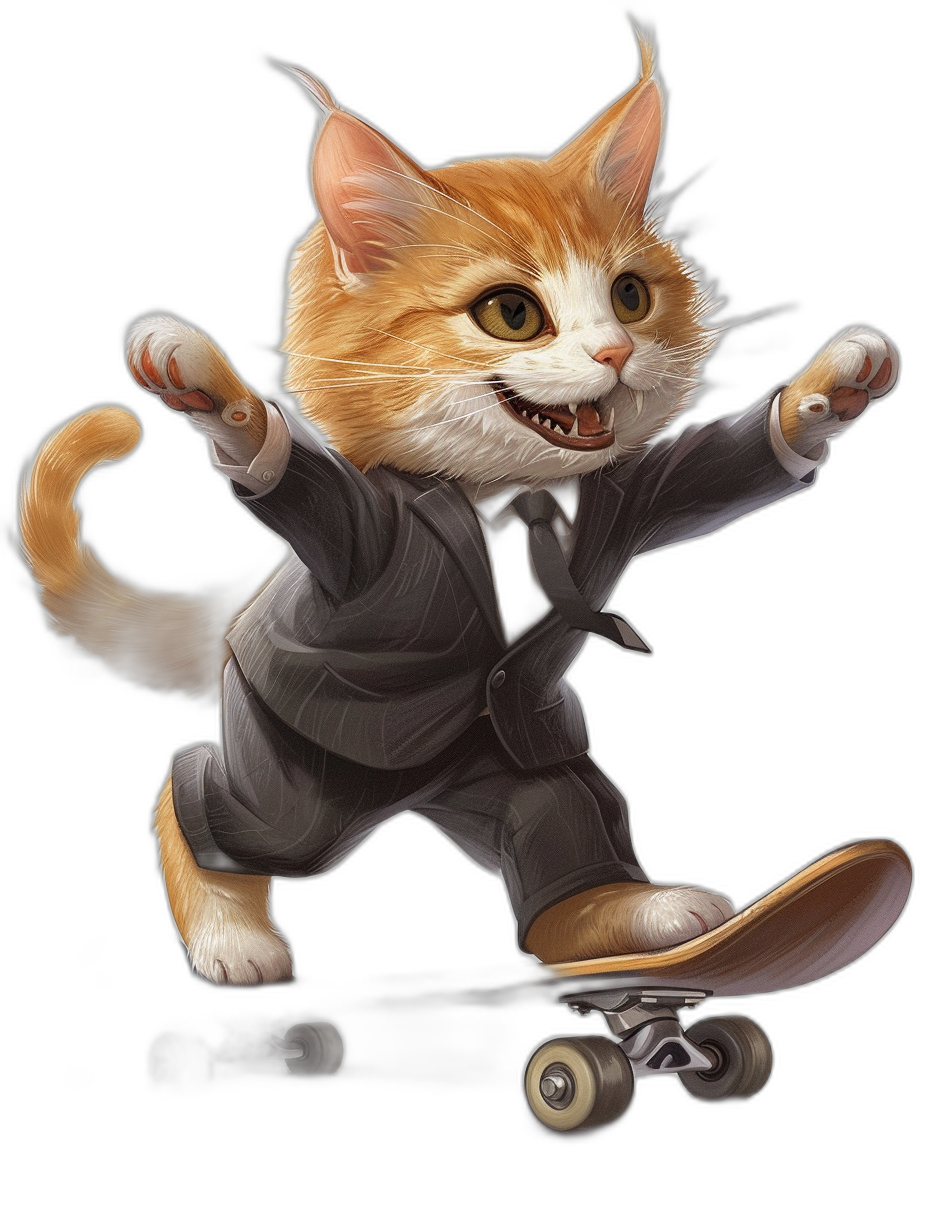 digital art of cute and happy cat in suit, skating on skateboard , black background, full body portrait