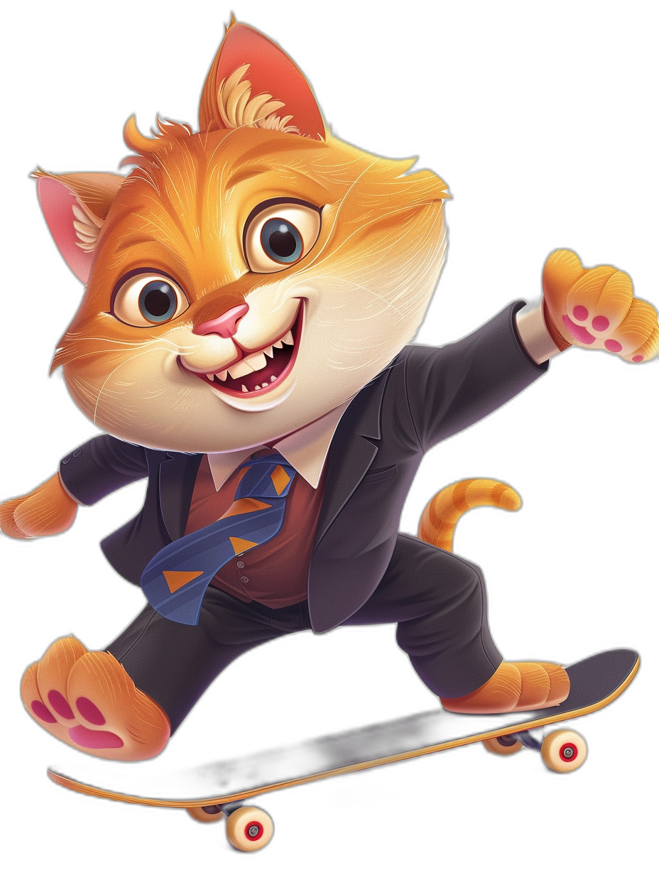 smiling happy cute orange cat in suit and tie, riding on a skateboard, black background, Disney Pixar style cartoon character, digital art in the style of Disney Pixar illustration, 2d game art