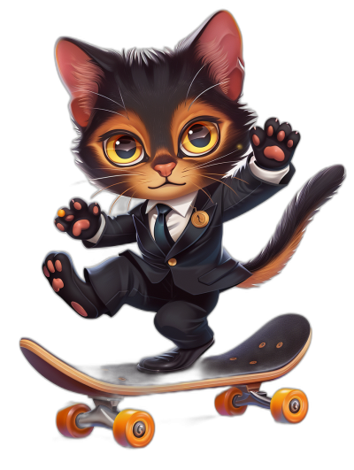 Cute cartoon cat in suit riding on skateboard, vector illustration style with black background, high resolution, clear lines and details of the character's body structure, with yellow eyes and hands raised to spotlight its fingers, showing an adventurous spirit while skateboarding. The kitten is wearing dark-colored  that complement well against orange wheels. High definition, professional photography, professional color grading, soft shadows.