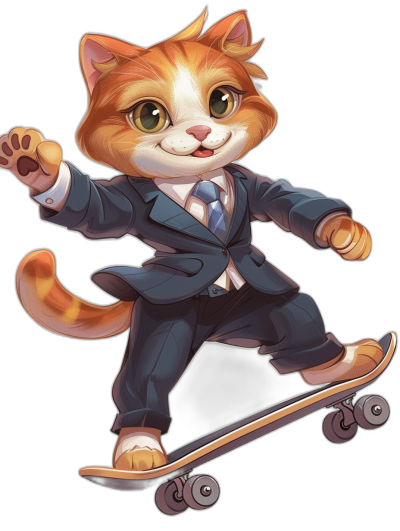 smiling happy cute young ginger cat in suit and tie, riding on a skateboard, vector illustration in the style of [Artgerm](https://goo.gl/search?artist%20Artgerm), full body, black background, high contrast