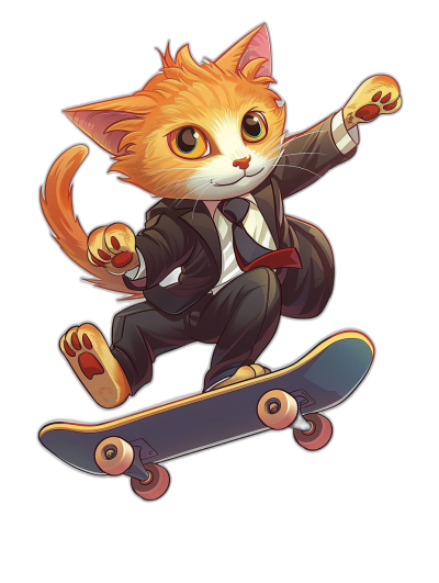 Cute cat in a suit riding a skateboard, in the style of a vector illustration with a black background, cute cartoon design, detailed artwork using simple shapes and flat colors, digital painting in the vector art style, professional quality with professional lighting, professional shading and professional color grading, high resolution image with sharp focus, intricate details as if from a studio photography session, rendered in a hyperrealistic style with intricate details.