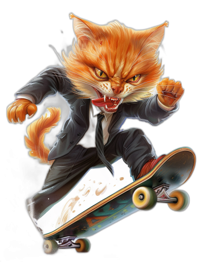 realistic orange cat in a suit doing a skateboard trick, angry facial expression, vector art in the style of black background