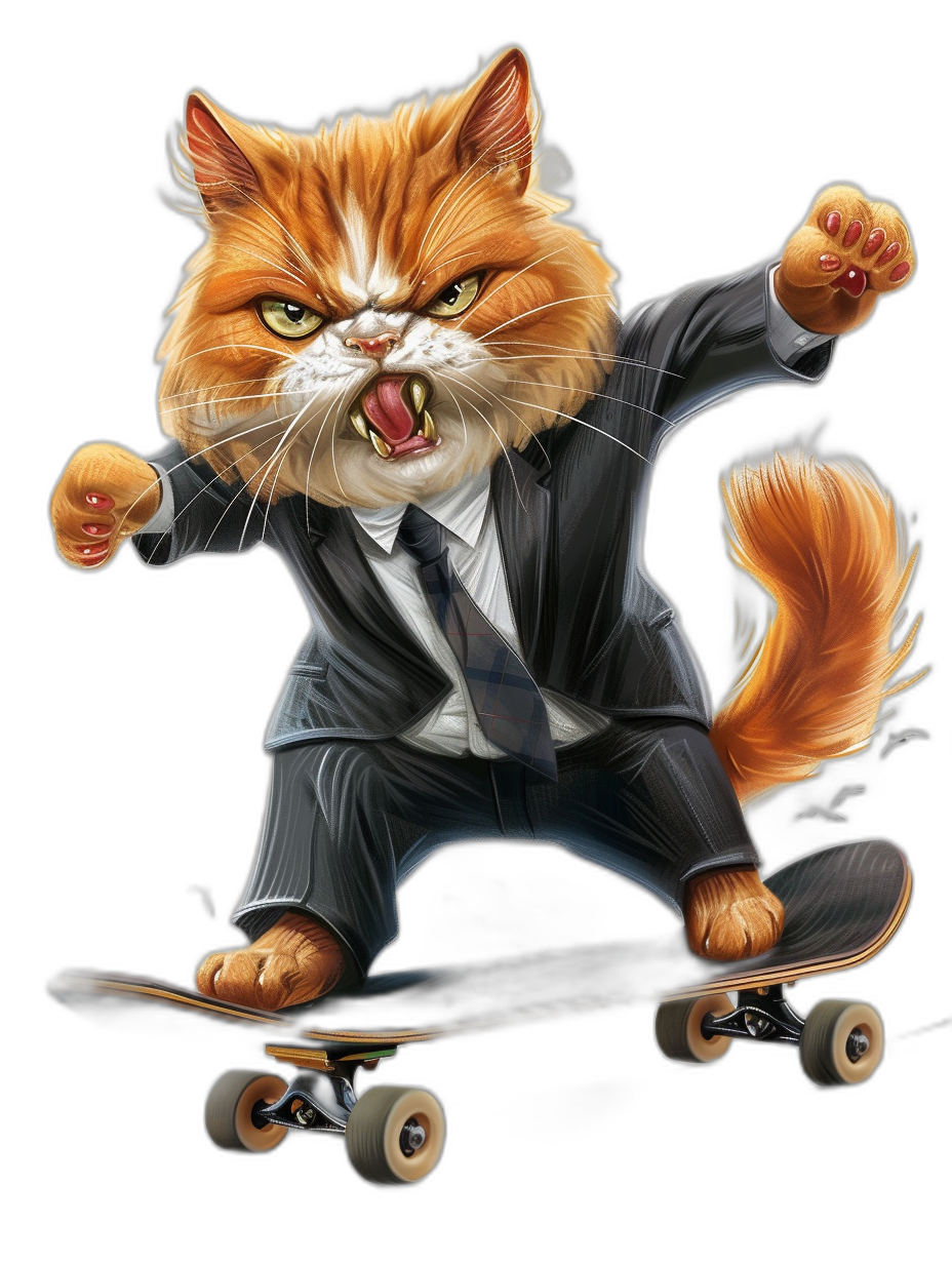 realistic digital illustration of an angry ginger cat in suit and tie, riding on skateboard, black background, t-shirt design